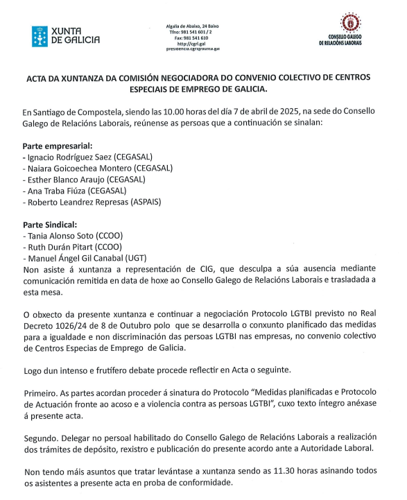 ACTA DA XUNTANZA DA COMISIÓN NEGOCIADORA DO CONVENIO COLECTIVO DE CENTROS ESPECIAIS DE EMPREGO DE GALICIA